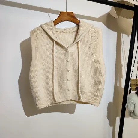 连帽针织马甲背心女秋冬新款打底叠穿无袖毛衣坎肩开衫外穿学院风商品大图