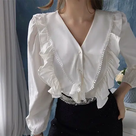 【直播】粉红大布娃娃浪漫荷叶边长袖衬衫图片