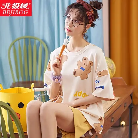 北极绒短袖睡衣女夏季纯棉女薄款短裤青年学生卡通家居服两件套装商品大图