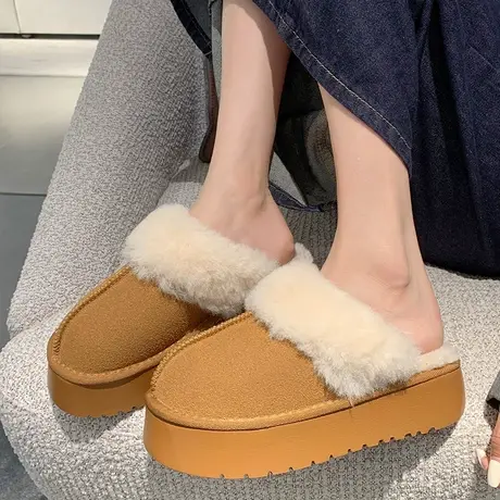 包头半拖鞋女2023年秋冬季新款小个子保暖棉拖百搭厚底增高毛毛鞋商品大图