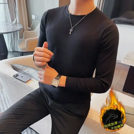 秋冬季时尚休闲纯色加绒加厚保暖打底衫长袖T恤内搭INS轻熟体恤商品大图