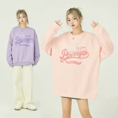 yep发泡复古字母卫衣女春秋复古ins套头圆领长袖外套上衣oversize商品大图