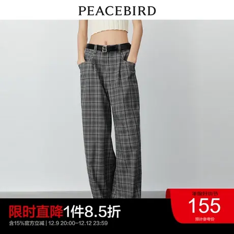 太平鸟格纹阔腿运动裤女2023年春季宽松显瘦拼接直筒裤女奥莱商品大图