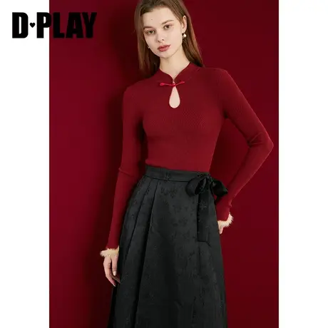 DPLAY新中式上衣红色国风毛衣国风打底衫针织衫毛衣图片
