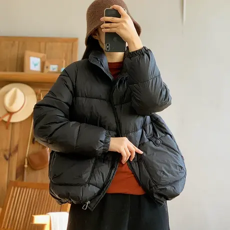 dza 复古纯色加厚立领大口袋棉服外套女冬季宽松休闲棉衣百搭上衣图片