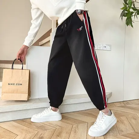 冬季加绒卫裤男2023新款时尚侧边条纹宽松束脚男裤加厚哈伦休闲裤商品大图