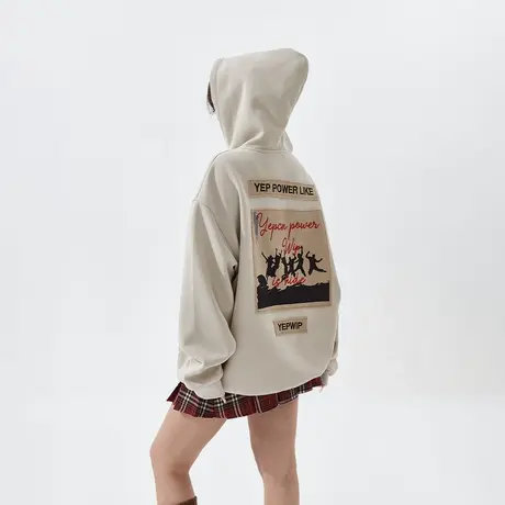 YEP美式复古贴布刺绣连帽卫衣女春秋204新款设计感宽松情侣外套潮图片