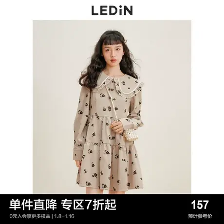 乐町甜美翻领连衣裙2023春季女装奶咖色法式复古碎花蛋糕裙图片