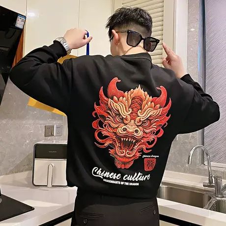 春季2024新款ins设计感国潮龙头印花圆领卫衣男潮牌长袖上衣T恤衫商品大图