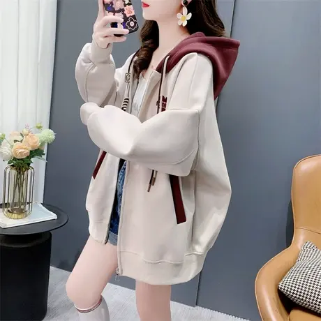 中长款连帽拉链卫衣外套女春秋2024年新款宽松慵懒风休闲开衫上衣商品大图