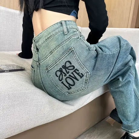 复古美式直筒牛仔裤女2024新款春秋季高腰裤子宽松字母刺绣阔腿裤商品大图