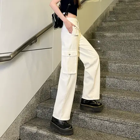 唐狮24春季新款牛仔裤女高腰工装口袋阔腿裤甜酷潮流百搭个性裤子图片