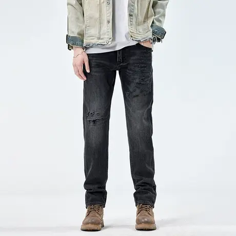 美式牛仔裤男2024新款破洞宽松直筒春秋款潮牌潮流高街男士裤子黑商品大图