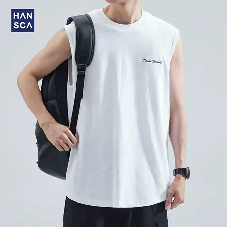 hansca竹节棉运动背心男士夏季重磅美式宽松无袖坎肩白色打底短袖商品大图