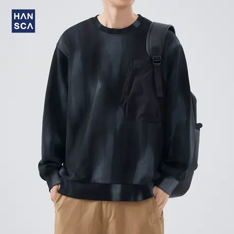 hansca美式复古蜡染圆领卫衣男重磅秋季宽松大码痞帅抓绒口袋上衣商品大图