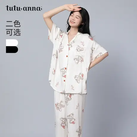 tutuanna春夏睡衣女款家居服 透气卡通小熊满印短袖长裤两件套女图片