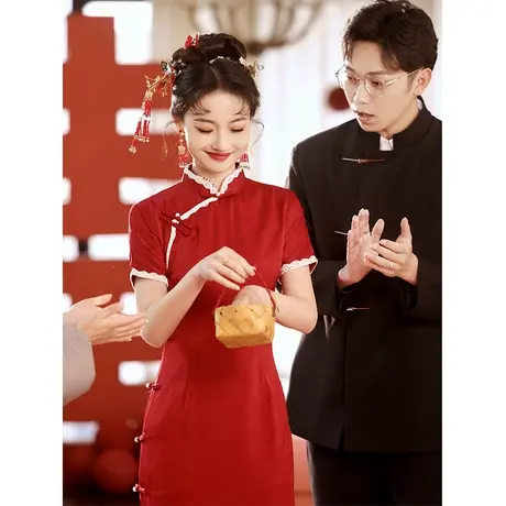 红色旗袍敬酒服2024新款新娘订婚礼服平时可穿新中式小个子高级感商品大图