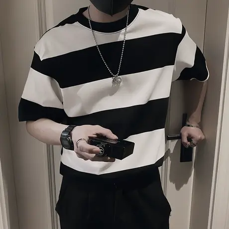 设计感撞色条纹短袖T恤夏季潮牌个性宽松慵懒半截袖男装体恤上衣图片