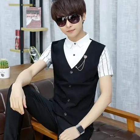 夏季韩版修身短袖衬衫潮流男士帅气马甲衬衣假两件半袖休闲演出服商品大图