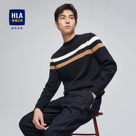 HLA/海澜之家长袖针织衫2023秋冬新款时尚小标加绒微弹加厚毛衣男商品大图