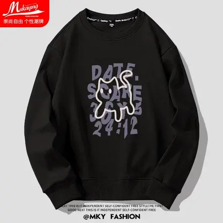 欧美潮牌高街复古字母线描猫印花圆领卫衣男女黑色春秋款简约外套商品大图