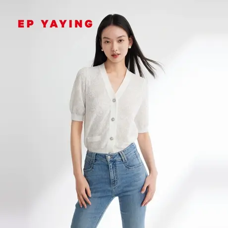 EP YAYING雅莹女装 提花v领短款修身针织开衫 2023秋冬新款9103A商品大图