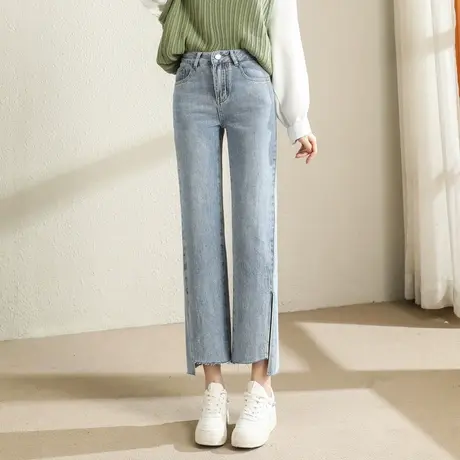 时尚气质牛仔长裤2023年春季新款女士宽松修身显瘦高腰开叉直筒裤商品大图