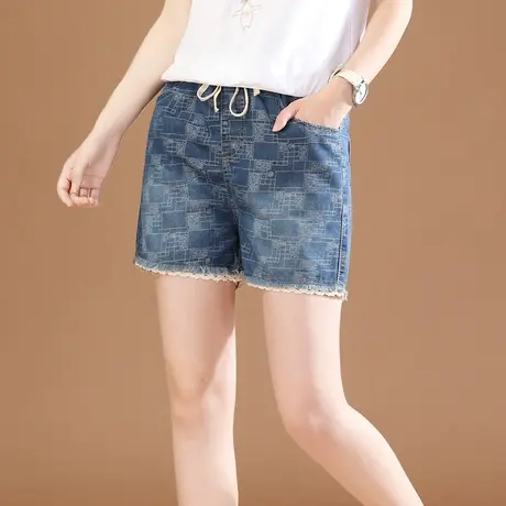 韩潮袭人松紧腰蕾丝边格子牛仔短裤女2023夏季新款显瘦哈伦热裤子商品大图