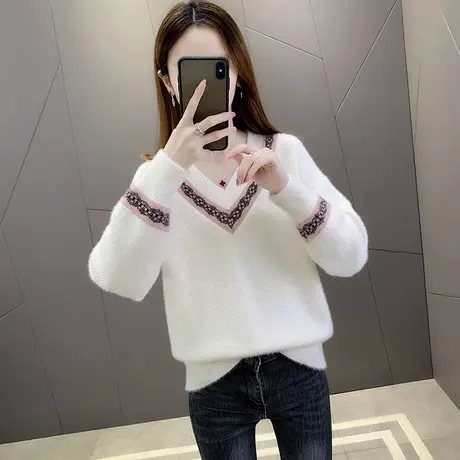 水貂绒毛衣新款2022爆款秋冬慵懒宽松外穿V领针织打底衫女上衣图片