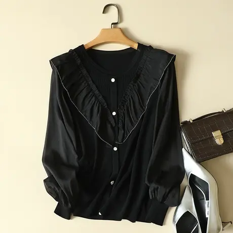 秋装2023年新款雪纺袖冰丝针织假开衫女宽松上衣洋气蕾丝打底衫女商品大图