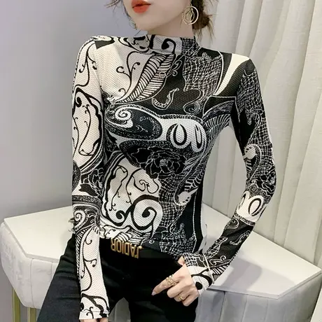 半高领打底衫女长袖春秋2023新款复古印花网纱T恤紧身内搭上衣潮商品大图