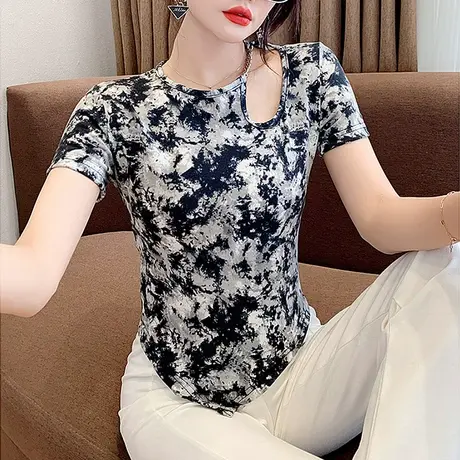 2023夏季新款性感露肩短袖T恤女修身高腰小衫洋气扎染印花上衣潮商品大图