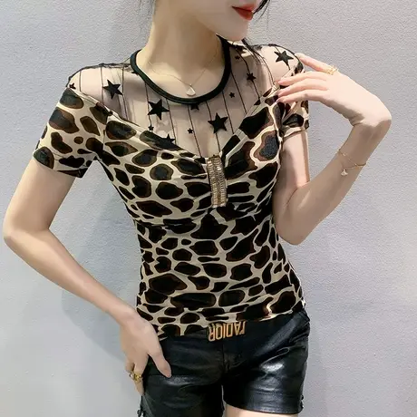 网纱拼接短袖T恤女夏季2023新款性感洋气上衣欧货紧身显瘦小衫潮商品大图