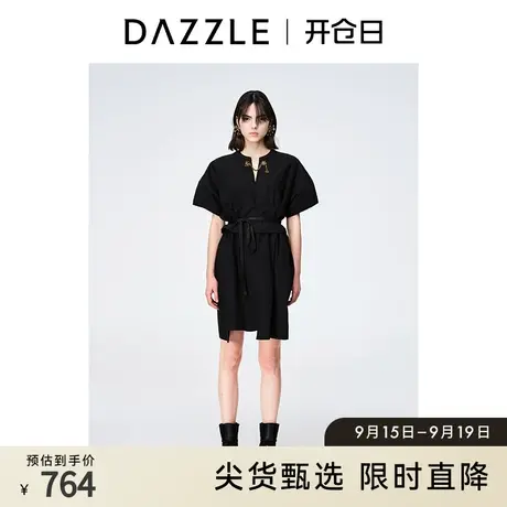 DAZZLE地素 奥莱黑色气质显瘦腰封设计高级感短袖连衣裙女图片