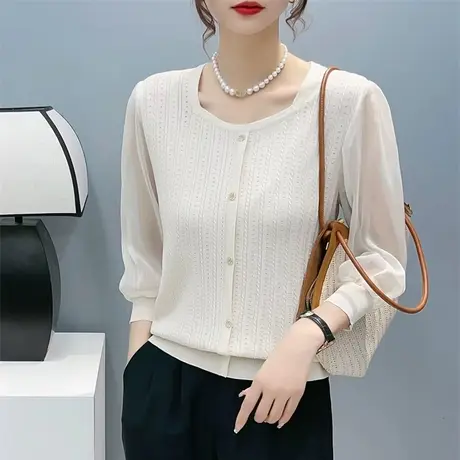 秋季薄款开衫针织衫女2023新款七分袖中袖蕾丝袖内搭冰丝上衣洋气商品大图
