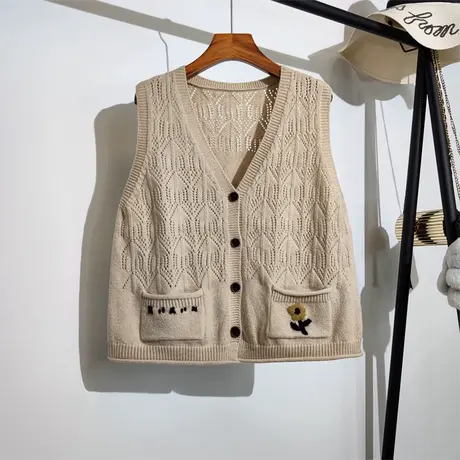 针织马甲开衫女春秋新款复古宽松v领刺绣口袋无袖毛衣背心坎肩潮商品大图