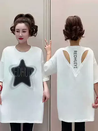 爆款重工五角星烫钻后背镂空短袖T恤上衣女夏季新款圆领半袖体恤商品大图