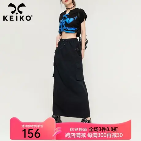 KEIKO黑色工装休闲半身裙秋季欧美ins高腰显瘦辣妹开叉包臀中长裙图片