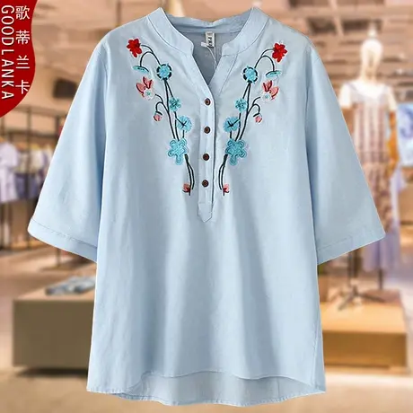 中年胖妈妈夏装V领衬衣女200斤宽松大码遮肚洋气刺绣短袖T恤上衣商品大图