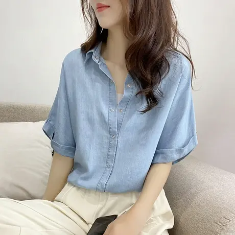 2021夏季新款穿搭通勤韩版设计感宽松中长款纯色棉翻领短袖衬衫女商品大图