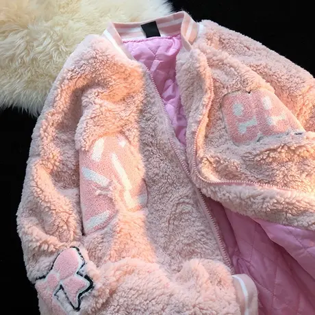 羊羔毛外套女2022秋冬宽松韩版上衣加绒加厚开衫夹克棒球服ins潮图片