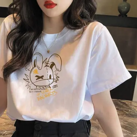 纯棉t恤女白色小众设计感上衣2023夏装卡通印花重磅显瘦正肩体恤商品大图