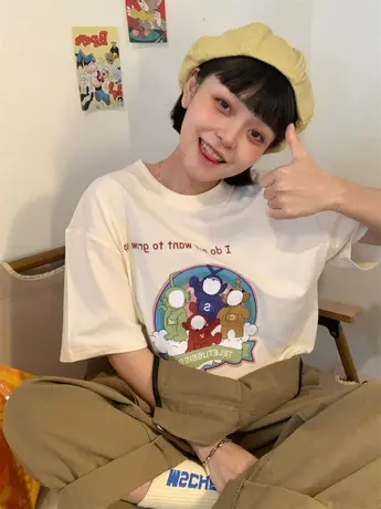 红续卡通天线宝宝印花纯棉宽松短袖T恤女韩版休闲小个子上衣ins潮图片