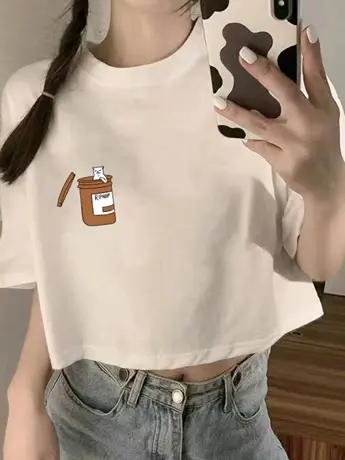 暗系白色仿棉短款短袖上衣女高腰露脐韩版宽松T恤字母半袖上衣潮商品大图