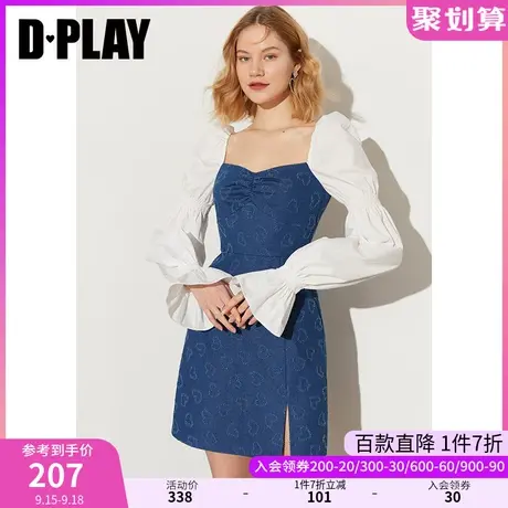 DPLAY秋装新款甜美ins风宫廷领牛仔拼色高腰拼接连衣裙图片