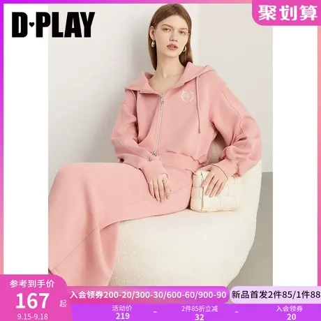 DPLAY2023年秋装季休闲慵懒风套装乌龙桃桃刺绣宽松拉链连帽卫衣商品大图