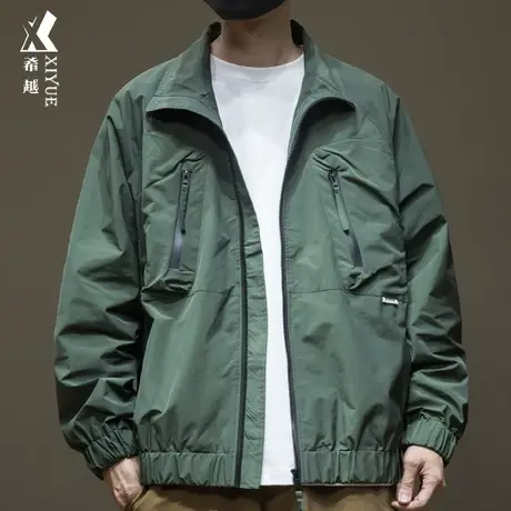 希越秋季军绿色防风冲锋衣男户外立领多口袋夹克宽松大码胖子外套商品大图