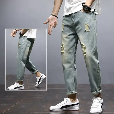 破洞牛仔裤男士潮牌秋季春秋款高端九分休闲裤子男裤青少年乞丐裤商品大图