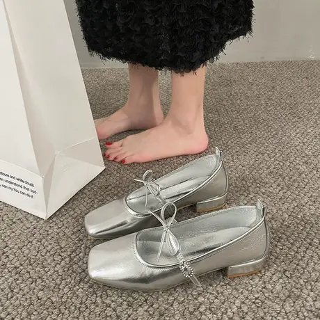 永希女鞋2023年春夏新款法式方头浅口单鞋小众ins银色蝴蝶结鞋子商品大图