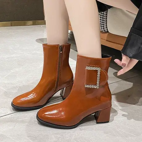 切尔西短靴女2023秋冬新款厚底白色靴子粗跟中筒增高水钻时装靴商品大图